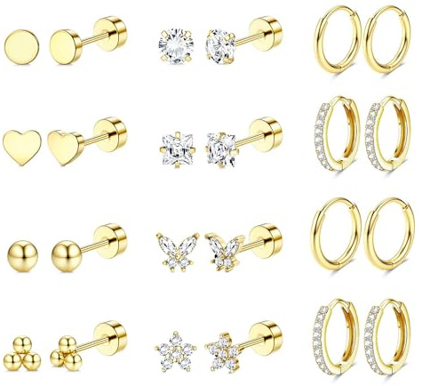 Jstyle Hypoallergenic 14K Gold Plated Flat Back Earrings for Women Men Surgical Stainless Steel Earrings for Sensitive Ears Small Stud Hoop Cartilage Earring Stack Set for Multiple Piercing Jewelry