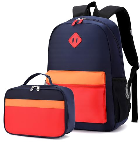 BEFUNIRISE Backpack Set for Girls Boy Kids Backpack with Lunch Box for Elementary Primary Kindergarten School Bag (Navy Red Set, Large)
