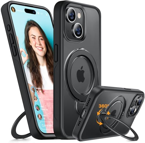 Miracase for iPhone 15 Case: 360° Spin Magnetic Stand Case with MagSafe, Military Grade Drop Protection, 6.1 Inch Matte Protective Cases for iPhone 15 Cover with Ring Holder (Black)