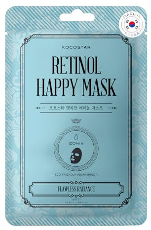 KOCOSTAR Retinol Happy Mask – Anti-invecchiamento coreano Face Mask Sheet per donne con retinolo, vitamina A, niacinamide, estratto di collagene vegetale – 20 minuti cura del viso, nessun risciacquo