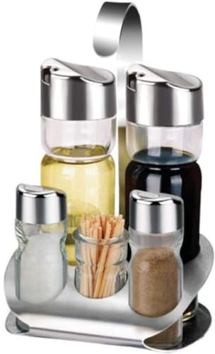 Lawnrden Oil and Vinegar Salt & Pepper Cruet Set,5Pcs Glass Sugar Container with Stainless Steel Base,Clear Glass Bowls with Lids,Salt Container Countertop Cabinet Sugar Jar for Pepper Oil Vinegar