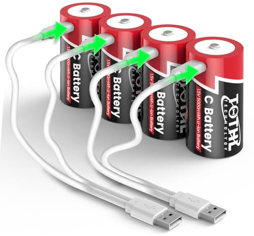 【4 unidades】 Batería recargable para bebé C USB 2 en 1, cable de carga de baterías C de litio, pilas C de iones de litio, LR14 1,5 V C Size Cell batería de repuesto 5000 mWh para juguetes de luz de