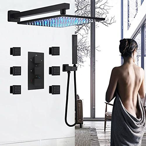 Moderno juego de grifo de ducha termostático negro con cabezal de ducha LED de 16 pulgadas y chorros de cuerpo montado en la pared