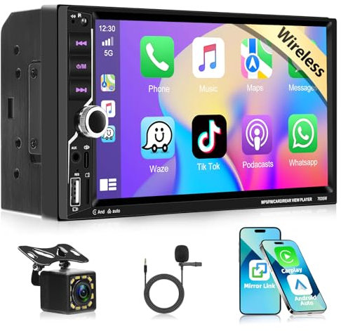 Autoradio Motorsi Wireless CarPlay Bluetooth 5.2, 2 DIN, touchscreen HD da 7 pollici con Android Auto/Mirror Link/comandi al volante/USB/TF/radio FM/audio AUX, telecamera posteriore + microfono