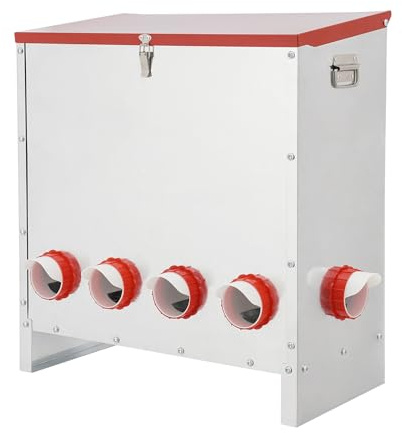 Comedero automático para pollos de metal galvanizado, dispensador de alimentos de 10 agujeros con capacidad de 30 kg, con tapa, asa de transporte, comedero profesional para pollos, patos, aves de
