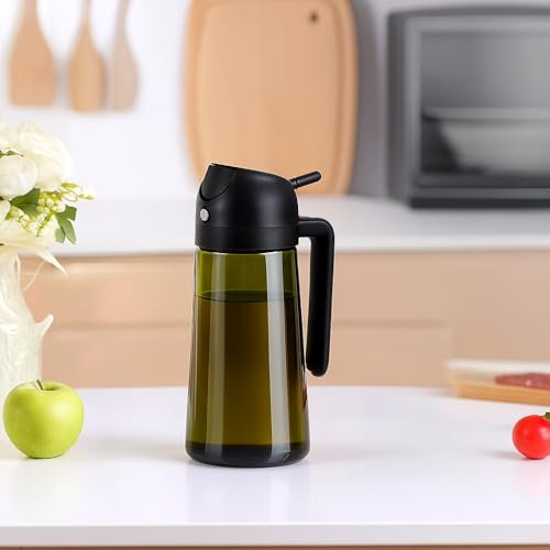 Vier Doseur d'huile 470 ml - Bouteille en verre vert avec couvercle anti-goutte, double fonction, poignée ergonomique - Huilier pour cuisine, vinaigre, sauces