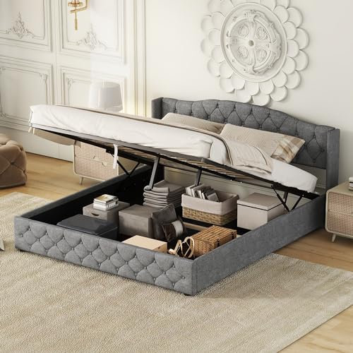 Lit boxspring gris 180 x 200 cm avec rangement hydraulique, lit double avec sommier à lattes et tête de lit design binaural, lit capitonné multifonctionnel avec tiroir de rangement