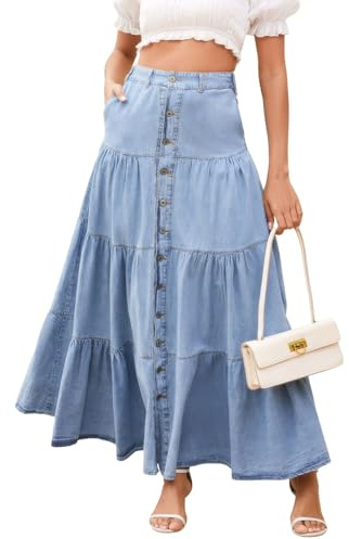 ebossy Women's Tiered Button Down Denim Maxi Skirts High Elastic Waist Pleated Swing A-Line Jean Skirts with Pockets (Small, Light Blue)