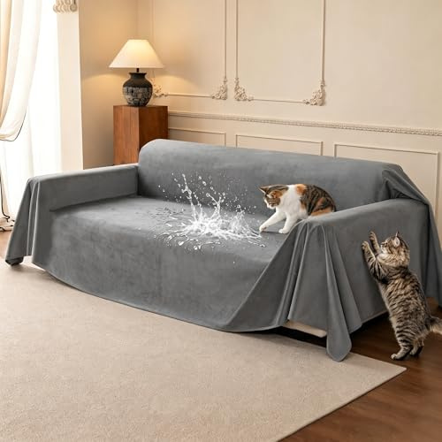 Loiion Sofabezug Kratzfest Katze Wasserdicht Sofaüberwurf Grau 300x180cm