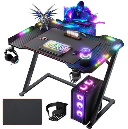 Claiks Gaming Desk with LED Lights, 100 x 60cm Computer PC Gaming Table Z Shape for Home Office with Cup Holder and Headphone Hook, Sturdy Computer Desk Carbon Fiber, Black