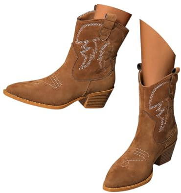 Minetom Femme Western Bottines De Cowboy Brodée Chaussures De Cowgirl Bottes Courtes En Daim À Talons Carrés C Marron 39 EU