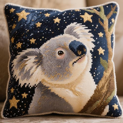 Henypt Kit cuscino con gancio di chiusura Koala dei cartoni animati gancio di chiusura Cuscino fatto a mano Kit di chiusura con ricamo in filato all'uncinetto Federa 43x43cm