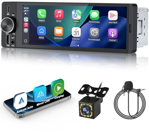 1 DIN Bluetooth Autoradio mit Bildschirm, Single DIN Auto Radio mit Wireless Apple CarPlay Android Auto Navi Rückfahrkamera FM Freisprecheinrichtung Lenkradsteuerung Mirror Link 6,9”Touch Display