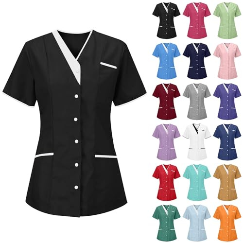 Cocila Tunique Médicale Femme Col en V Manche Courte Blouse Infirmiere Uniforme De Travail Haut Tenue Aide Soignante Professionnelle Esthéticienne Doux Confortable Vêtement Lavables Durables