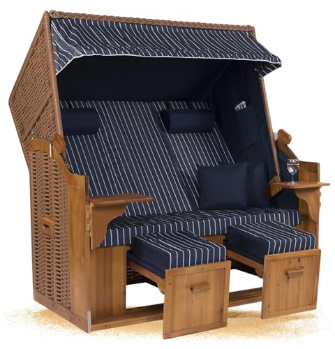 Strandkorb Hanse Strandkorb Ostsee ROYAL XXL Volllieger - 2,5 Sitzer 150cm extra breit - ideal für Garten, Terrasse oder Balkon (Blau Weiß Nadelstreifen, Montiert)
