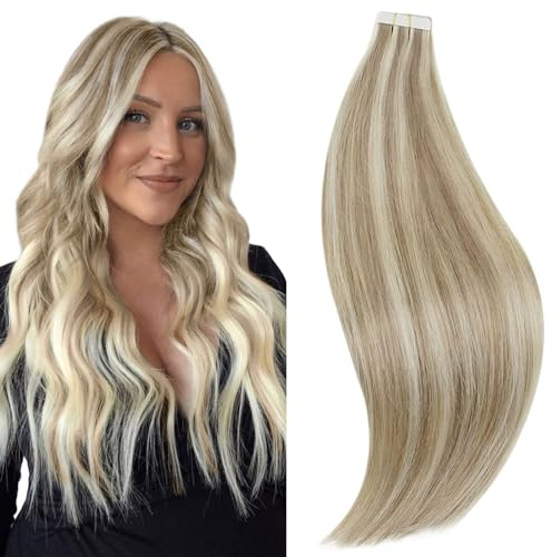 RUNATURE Tape Extensions Echthaar Braun Blond 30cm 20 Stück Unsichtbare Echthaar Extensions Tape Braun Hervorheben Blond Haarverlängerung 30g Tape in Extensions Echthaar Echthaar #8P60