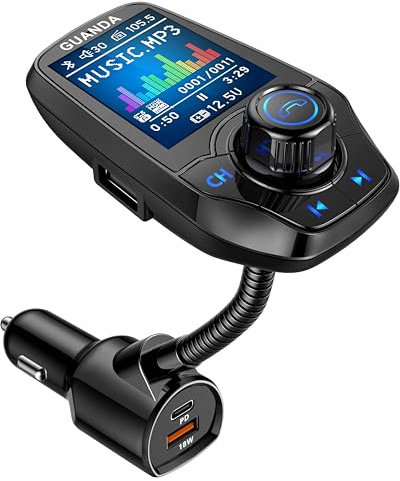 Bluetooth Transmetteur FM Voiture avec Ecran Couleur 1,8, Kit Lecteur MP3 Adaptateur Émetteur Allume Cigare, Entrée Sortie AUX, 2 Ports USB, Appel Mains-Libres, Carte SD/TF Autoradio Bluetooth Gris