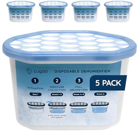 CUQOO Disposable Dehumidifier for Home 500ml, Pack of 5 Moisture Absorber Dehumidifiers for Damp, Mould, Kitchen, Wardrobe, Bedroom, Caravan, Office, Garage, Bathroom - Mini Condensation Absorbers