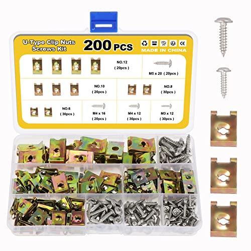 Gueenky 200 Piezas Tornillos de Clip de Tuerca en U para Auto, tuercas de clip de metal, tuercas de clip tornillo roscachapa Tipo U Tuercas de Clip Tuercas de Cuerpo y Tornillos para Coche y moto