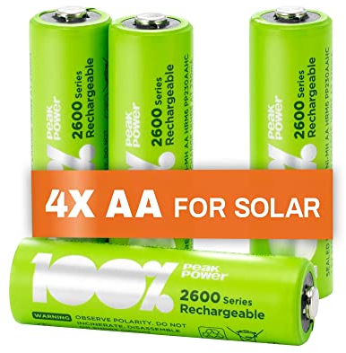 PeakPower Solar Akku AA | 4 Stück AA Akku für Solarlampen NiMH 1,2 Volt (1,2V) | wiederaufladbare Batterien AA für Solarleuchten