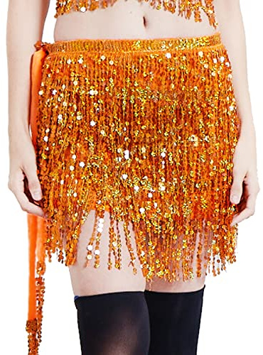 JK Home Boho Belly Dance Skirt Sequins Tassel Hip Scarf Mini Fringe Wrap Skirt for Women Girls Rave Party Beach Dance Costume Music Festival Party Club Skirts Orange