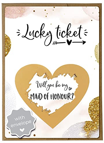 Joli Coon Will You Be My Maid of Honour Scratch Card, with envelope | 350gsm designer paper, tactile UV finish, natural envelope with gold heart, scratch panel