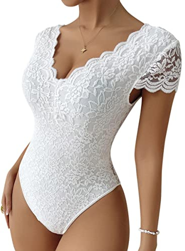 Minetom Femme Body Sexy Manche Courte Moulant Shirt Haut Top Combinaison Couleur Unie Dentelle Bodysuit Jumpsuit Clubwear B Blanc L