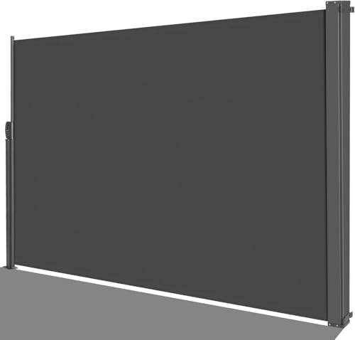 Seitenmarkise 180 x 350cm (H x L),Seitenwandmarkise Ausziehbar, Sichtschutz,Seitenrollo,Blickdicht,Windschutz Markise Ausziehbar,PU Beschichtung,Sonnenschutz,Wasserdicht,für Balkon und Terrassen, Grau