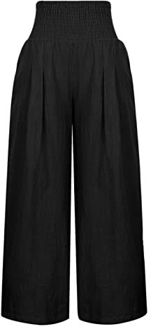 Baumwoll-Leinen-Hose für Damen, lässig, locker, einfarbig, Strandhose, elastisch, hohe Taille, gerades Bein, Urlaub, Palazzo-Hose mit Taschen, Freizeithose, Loungewear, Schwarz , M