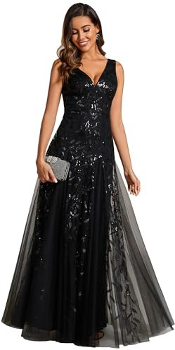 Ever-Pretty Abendkleider Langes Netz Pailletten V-Ausschnitt Hochzeitskleider Brautjungfernkleider Gästekleider Schwarz 40