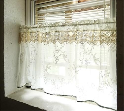 Yaland Voile Stickerei Scheibengardine mit Vogel- und Blumenmuster Elegante Bistrogardine mit Stangendurchzug mit beigem Spitzenbesatz und grünen Troddeln 1 Stück HxB 40x135cm