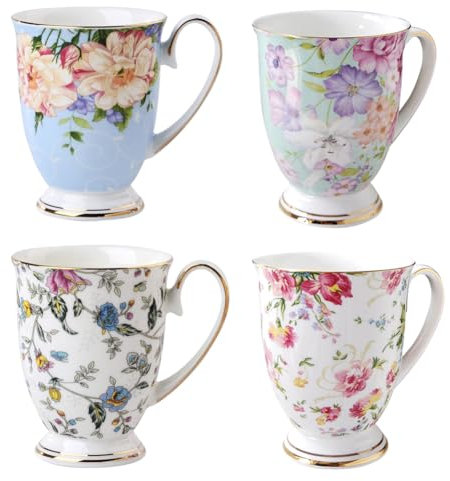 MIATTCLD 4 Piece Floral Bone China Mug Set - Wide Tea Coffee and Hot Chocolate Cups - 11 oz / 312ml