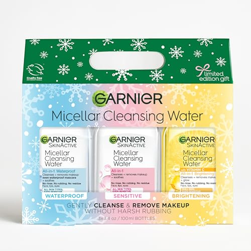 Garnier SkinActive Micellar Holiday Skincare Gift Set, Includes 3 Travel Size Micellar Water Formulas, Includes 100ml Original, Waterproof and Vitamin C Formulas, 1 Kit