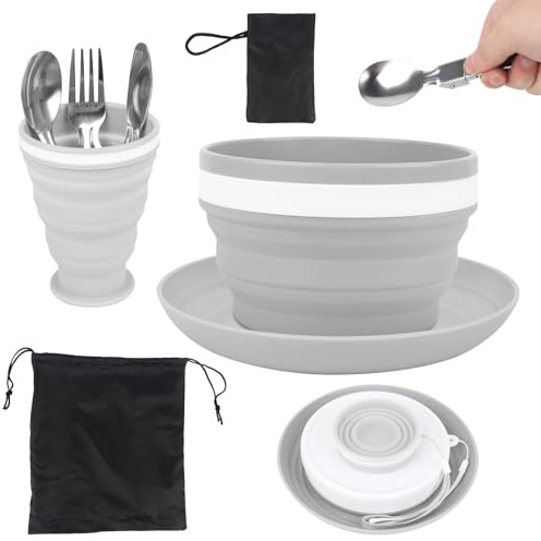Jonuin Camping Plate Bowl Cup Cutlery Set for 1, 7 Pcs Camping Mess Kit Include Knife, Spoon, Fork, Cup, Bowl & Plate, Folding Camping Plates and Bowls Set, Crockery Sets for Travel Hiking Picnic