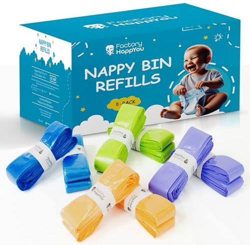 Factory HappyYou® – Pack 8 XXL Compatible con Angelcare Recambios Tommee Tippee Recambios. Recambio para Papelera Pañales Bebe o Contenedor Pañales – Escudo Antilolor – 7,5 metros cada recambio