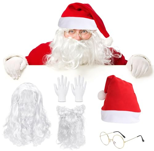 ZoneYan 5 delar jultomte kostym set, tomte peruk skägg, julkeps, glasögon, handskar, för julprestanda cosplay kostym festrekvisita