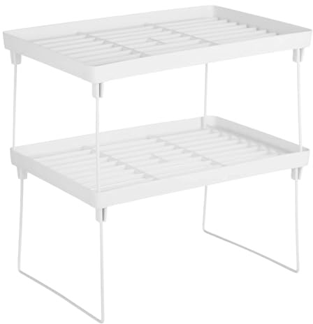 Eulihent 2 Pack Kitchen Counter Shelf Stackable Kitchen Cupboard Shelf Organiser Foldable Spice Rack Cabinet Organiser Shelfs Insert Storage Shelves for Countertop/Bathroom/Office/Sideboard (White)