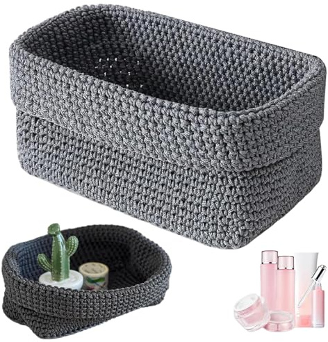 Cesta de almacenamiento Gris, cesta de crochet tejida a mano hecha de cuerda de algodón, 21cm * 13cm * 15,5cm, cestas de almacenamiento pequeñas, para cocina, baño, caja organizadora de cosméticos