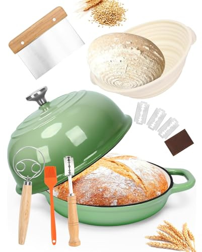 GFTIME Cast Iron Dutch Oven with Lid, Bread Baking Pot with Proofing Basket, Single Cutter, Dough Mixer, Sourdough Baking for Kitchen, Braising, 5 Quart, Green
