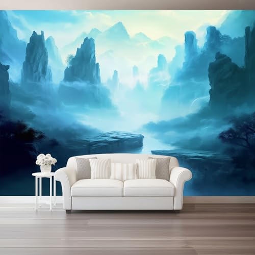 Générique Papier Peint Panoramique 150 x 105 cm（WxH, Décoration Murale Lavis À L'Encre Conception Artistique Profonde - Tapisserie Murales Papier Peint Intissé pour Chambre Salon Muraux Bleu