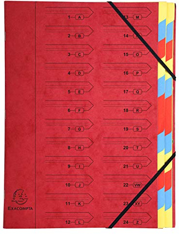 Exacompta 54245E Premium Ordnungsmappe aus extra starkem Colorspan-Karton DIN A4 24 vollfarbige bunte Fächer mit Organisationsdruck Ringmappe Register-Mappe rot