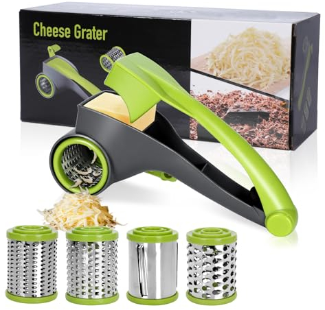Masthome Rotary Cheese Grater, Manual Cheese Rotary Grater with 4 Stainless Steel Blades, Multifunction Parmesan Cheese Graters Cutter Slicer for Cheese Fruits and Vegetable, Green & Grey