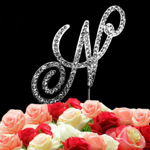 World of Sparkles Diamante Rhinestone A Letter Cake Toppers Silver Base for Adults Birthday Anniversary Name Theme Party (12cm, N)