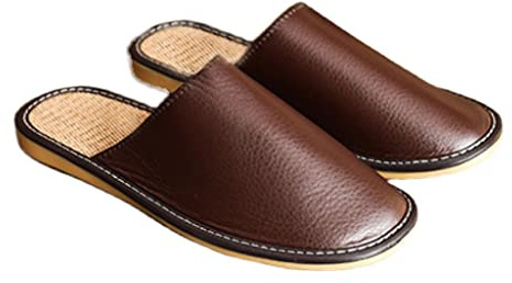 Pantuflas para Hombre,Zapatillas De Casa Hombre Piel， Zapatillas De Cuero Genuino Unisex Zapatos De Casa Plana De La Casa Cerrada Slips En El Exterior Interior (Color : Brown, Size : EUR43-44)