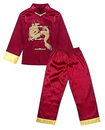 TAIKMD Boys Satin Embroidered Dragon Tang Uniform Traditional Chinese Kung Fu Tang Martial Arts Suits, Wine Red, 8-10