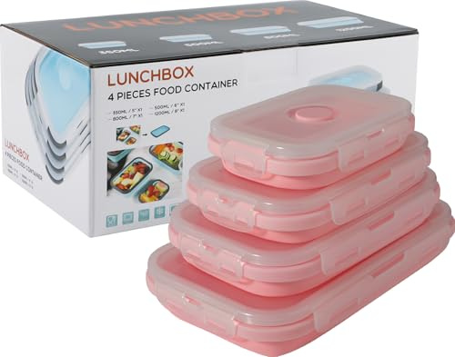 Beeptrum Pieghevole Contenitori per Alimenti Silicone Scatole bento Lunch Bento Box, Portatile, Salvaspazio, Adatto al Microonde, lavastoviglie e Congelatore, 4 PCS Quadrato (Rosa)