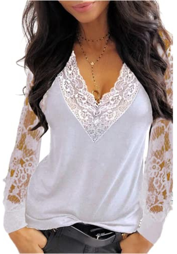 Mujer Tops Encaje Manga Larga Cuello en V Encaje Encaje Túnica Blusas Elegante Encaje Malla Blusa Semitransparente Casual Cuello de Pico Holgada Color Sólido Camisa Encaje Camisetas S-5XL, B-blanco