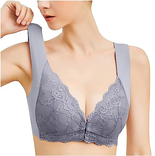 Front Fastening Wireless Bra Front Opening Bras Plus Size Clasp Wireless Wide Strap Push Up Bras Lace Crochet Comfort Everyday Cotton Vest Bra for The Elderly Grey M