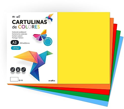 Cartone colorato, cartone A3, fogli colorati 180 g, cartoncino assortito colori intensi, ideale per artigianato, stampa di documenti e disegni creativi · m-office (200 ore, Surt. Intenso)