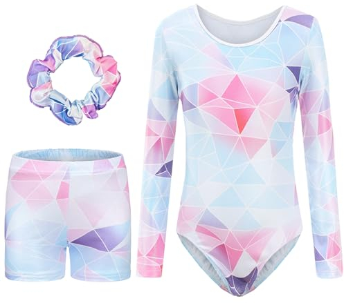 SEAUR Mädchen Turnshorts Turnanzug Haarband Set Kinder Turnen Shorts Trikot Gymnastik Langarm Gymnastikanzug Tanzen Kleidung 9-10 Jahre